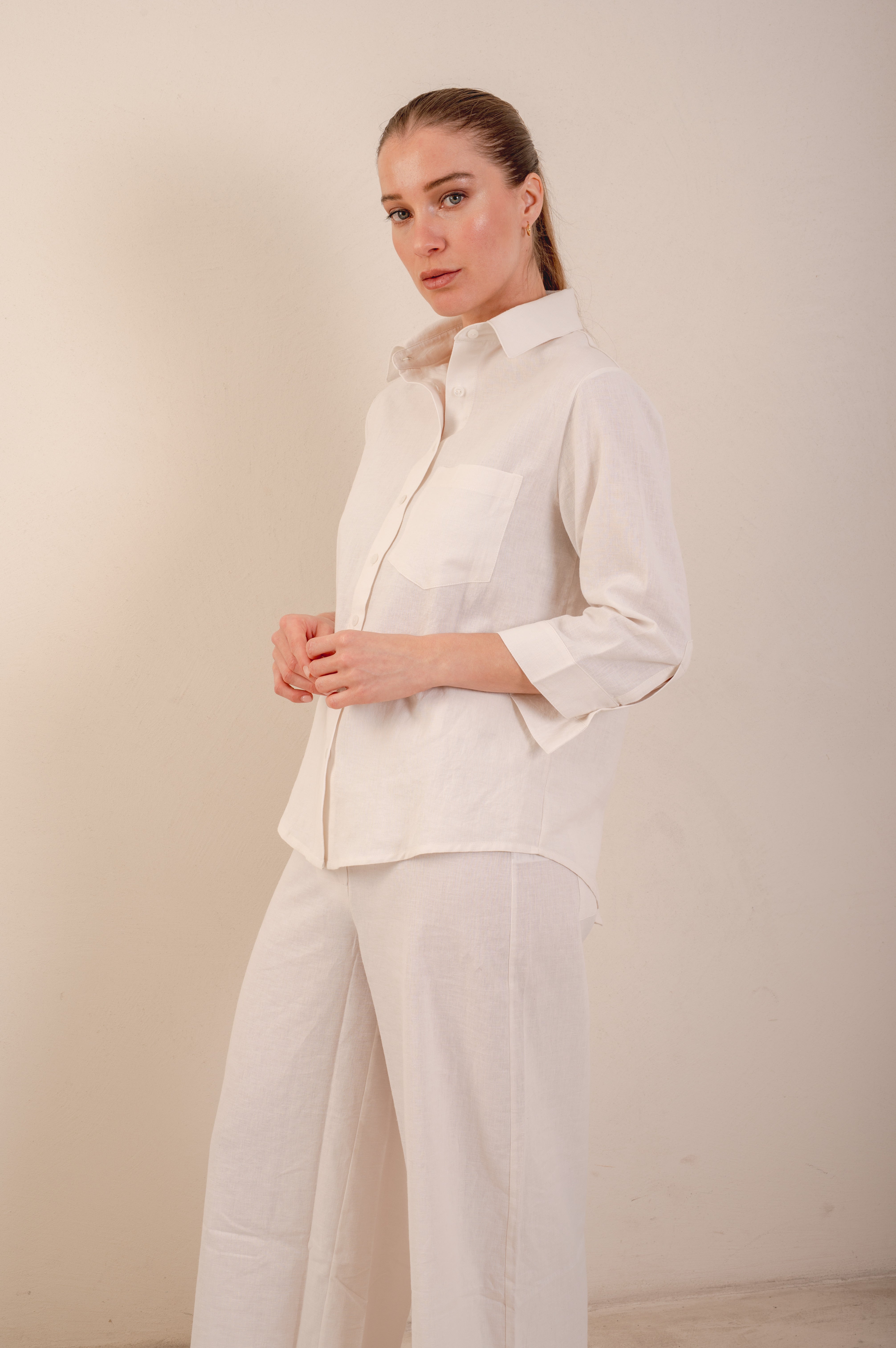 Camisa Lino manga 3/4 bolsillo